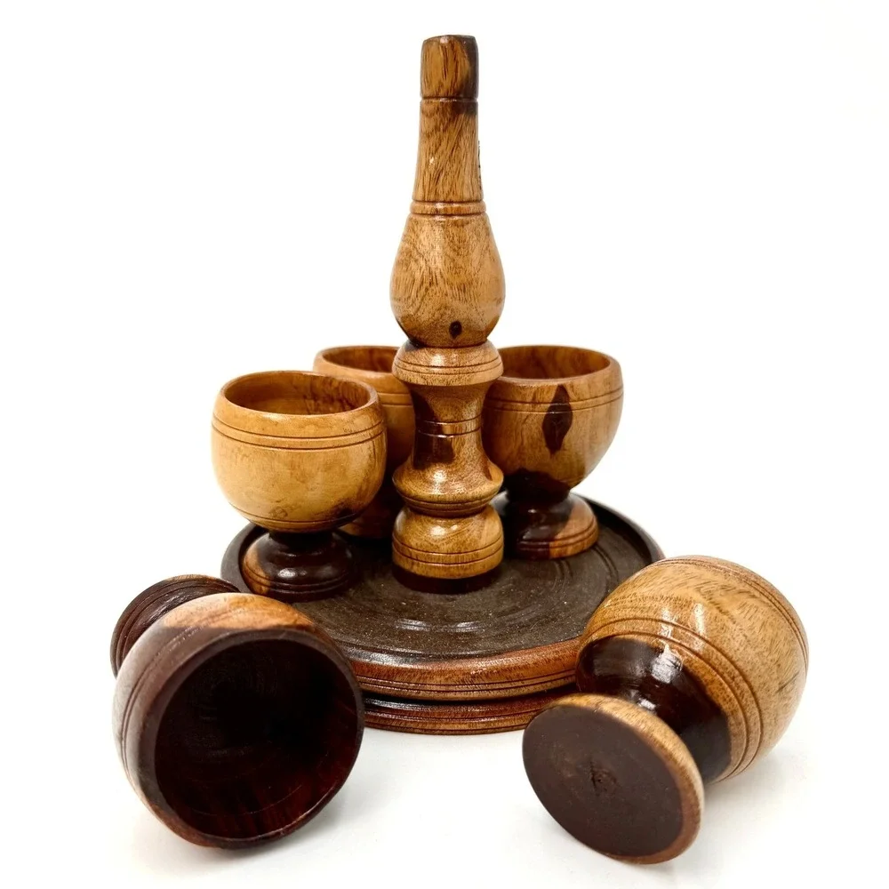Vintage Hand Turned Wood Shot Glass Set 6 Cups with Round Caddy Tray Brown MCM‎